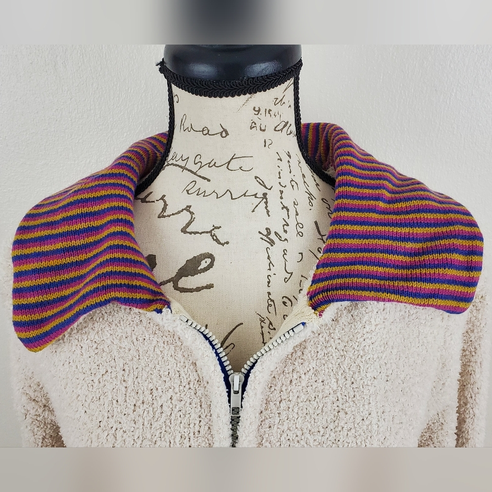 Urban Outfitters Sherpa Zip Jacket M Cream Rainbow Collar Drawstring Hem - Picture 3 of 13